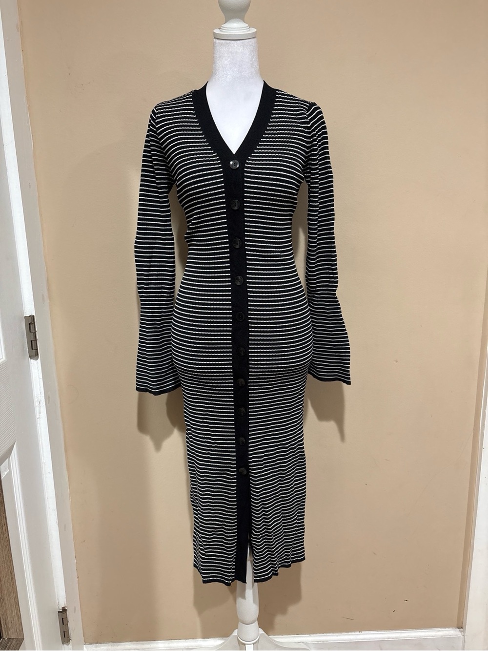 a new day Black & White Striped Long-Sleeve Button Midi Dress